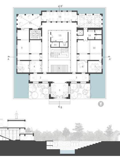 The ground floor plan and a cross-section of the Dhun Imagination Center, showing the layout of the renovated haveli and its connection to the newly designed stepwell.