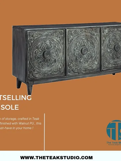 Our bestselling console, crafted in teak wood with intricately carved floral mandala patterns on each door. This piece is finished in a distressed walnut PU, giving it a timeless, antique-inspired look.