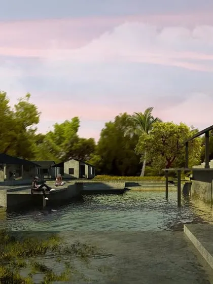 Another view of 'Project Awas,' showing how the different structures are placed around the natural water channel. The project is conceived as a community space that fosters a deep connection between art, architecture, and nature.