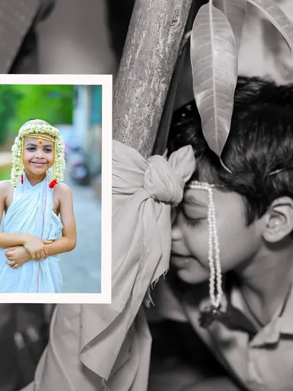 A creative collage from a Maharashtrian thread ceremony. The black and white image captures a quiet, ritualistic moment, while the inset color photo shows the boy's bright and happy face.