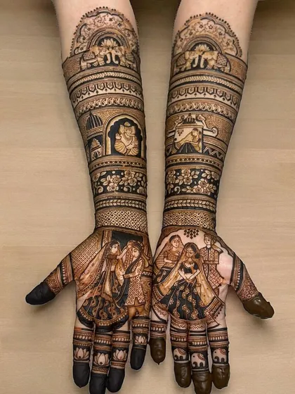 A complete two-hand design telling a wedding story with multiple figures and traditional elements.