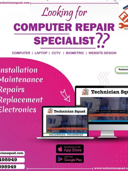 Facing issues with your hardware? This promotional graphic shows our expertise in computer and laptop services. We provide complete support including installation, maintenance, repairs, and replacement for all your essential office electronics like computers, laptops, and CCTV systems.