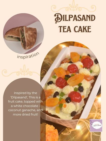 The Dilpasand Tea Cake from our Diwali hamper. It's a fruit cake inspired by the classic puff pastry, topped with a white chocolate coconut ganache and more dried fruit.