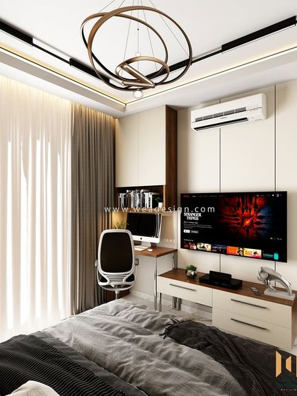 The integrated TV and study unit in the master bedroom, maintaining the sleek, modern aesthetic with clean lines and a neutral palette.