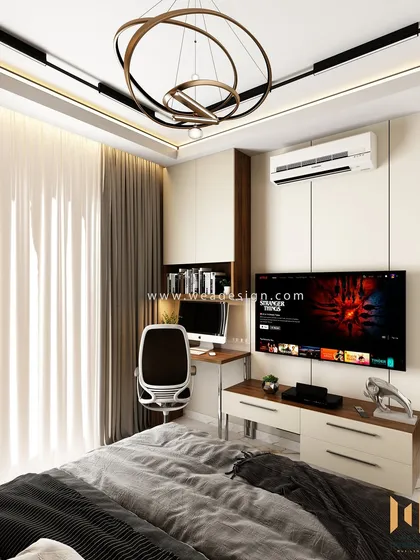 The integrated TV and study unit in the master bedroom, maintaining the sleek, modern aesthetic with clean lines and a neutral palette.
