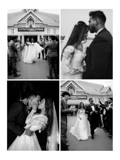 A collage of black and white moments from Tushar and Elizabeth's church wedding, from the exit to the intimate kisses.