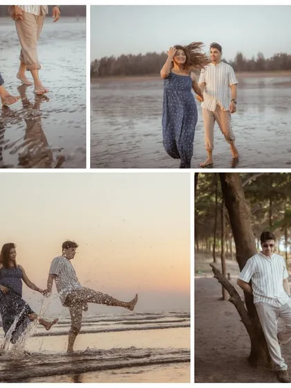 A collage capturing the fun and playful moments of a beach shoot, from splashing in the water to walking barefoot on the wet sand.