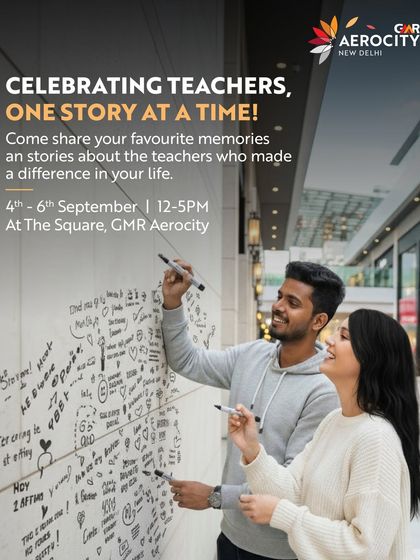 "Celebrating Teachers, One Story at a Time!" An invitation for guests to share memories of their favorite teachers by writing on a communal wall, a heartwarming Teacher's Day activity.