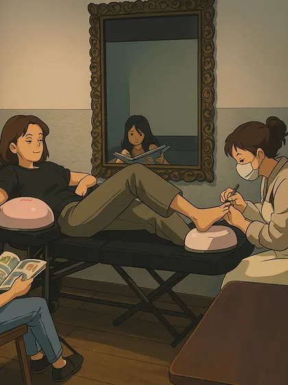 Another beautiful Ghibli-style illustration showing a relaxing pedicure session at my studio.