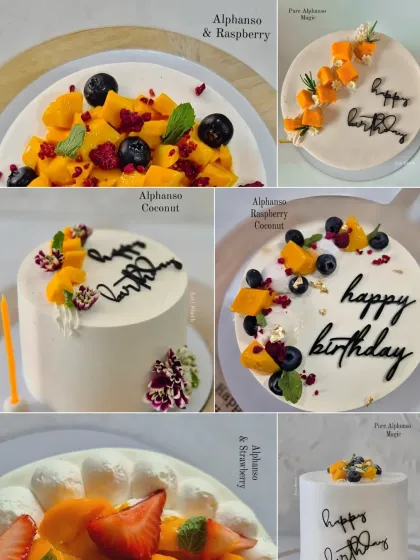 A collage of my favourite fresh Alphonso mango cake designs, showing various styles from simple toppings to floral arrangements.