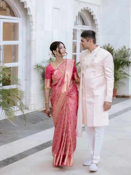 Walking together into their future. The drapes are styled to look beautiful in motion.