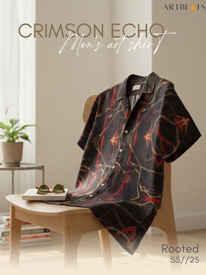 The Crimson Echo Men's Art Shirt, styled as a piece of art. The layered brushstrokes and rich tones of this premium silk shirt create a visual pulse, perfect for an evening soirée.