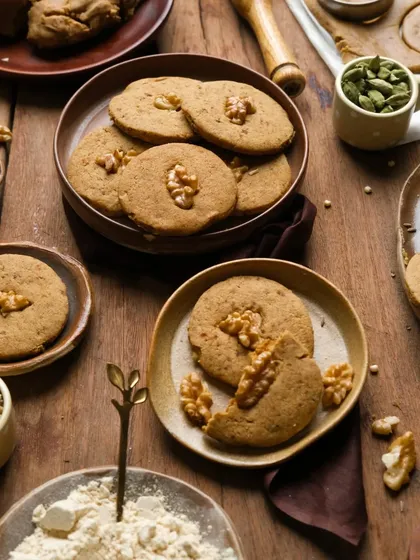 A closer shot of the walnut cookies, focusing on the texture and the wholesome ingredients like flour and whole walnuts.