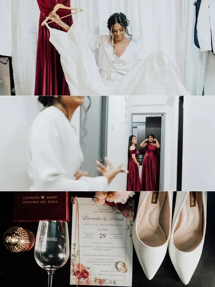 A collage of getting-ready moments, from the bride's dress to the wedding invitation. It also captures a sweet, candid moment between the bride and her bridesmaids.
