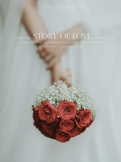 A close-up shot of the bride holding her bouquet of red roses, a classic symbol of love.