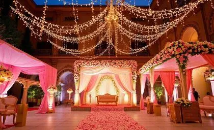 A classic royal wedding setup we created within the courtyard of a heritage palace. The decor features a soft pink color palette, a beautifully draped mandap, and a canopy of fairy lights, transforming the historic space into a fairytale wedding venue.