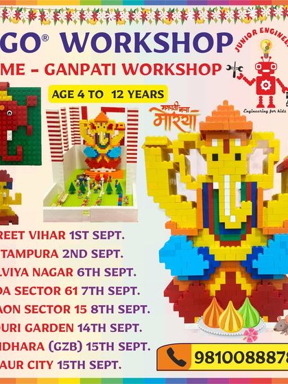 An advertisement for our LEGO Ganpati workshop, providing a comprehensive list of offline locations from Preet Vihar to Gaur City, along with dates for online sessions.