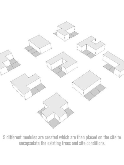 This diagram shows nine different modular unit shapes developed for the Ayodhya housing project. These modules are then arranged on the site to respond to existing trees and create diverse spatial experiences.