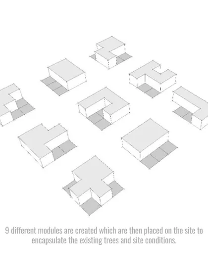 This diagram shows nine different modular unit shapes developed for the Ayodhya housing project. These modules are then arranged on the site to respond to existing trees and create diverse spatial experiences.
