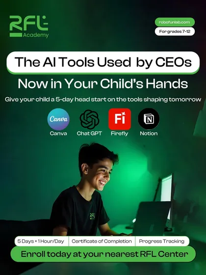 The same AI tools used by CEOs are now in your child's hands. This poster for our AI Bootcamp highlights the professional-level skills students will learn.
