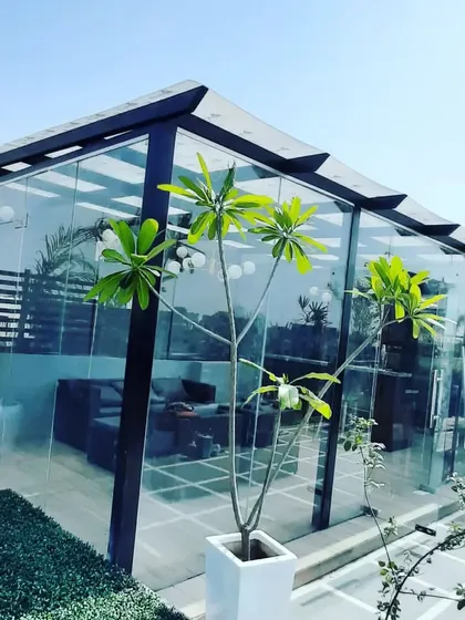 A view of the glass room from the side, showing its sleek profile and how it integrates with the surrounding greenery.