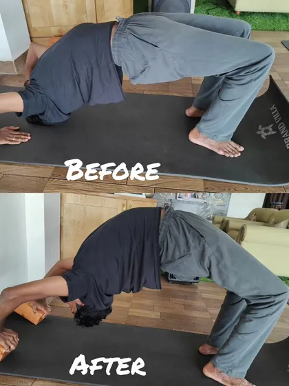 Learning Chakrasana (Wheel Pose) is a process. This before and after shows how we use props like blocks to safely build the required arm strength and back flexibility to achieve the full expression of the pose.