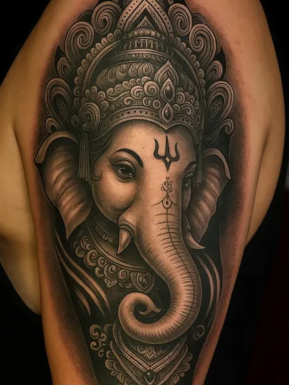 This Ganpati tattoo is designed to be a symbol of wisdom and a remover of obstacles. I created this piece with intricate details in the crown and ornaments, using smooth black and grey shading to give it a majestic, 3D look on the shoulder.