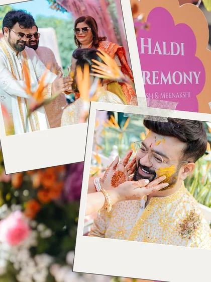A collage of Polaroid-style photos capturing the groom's playful moments during his Haldi ceremony.