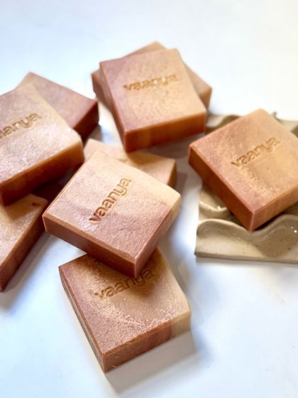 Another shot of the custom Plumeria-scented soaps, showcasing their warm, beautiful color.