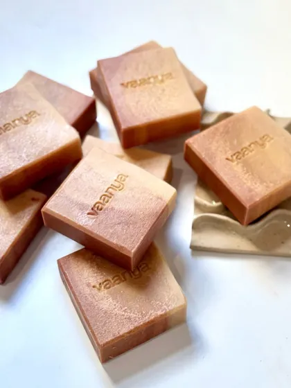 Another shot of our custom sunset-themed Plumeria soaps. The warm colors are perfect for festive gifting.