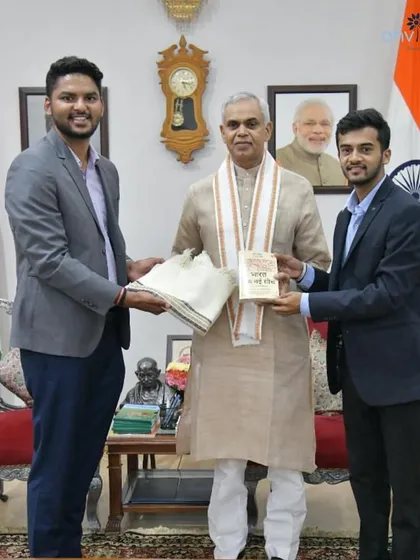 Our founders presenting a memento to the Honorable Governor of Gujarat, Shri Acharya Devvrat ji. We are grateful for the opportunity to meet and discuss our vision with such esteemed leaders.