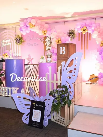 A slightly different perspective of Mishika's full birthday stage, showing how all the elements, from the backdrops to the floor props, work together.