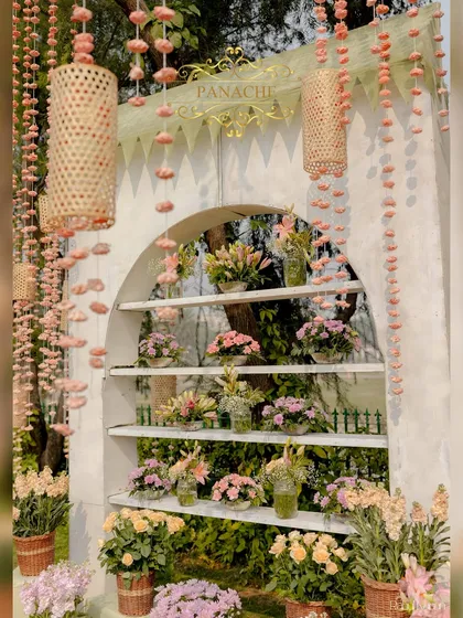 A close-up of the bouquet shop, showing the intricate details of the structure and the beautiful floral arrangements.