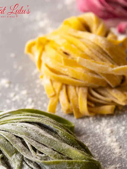I make my pasta in a variety of colors and flavors. Here you can see my classic, spinach, and beetroot fettuccine, all made fresh in-house.