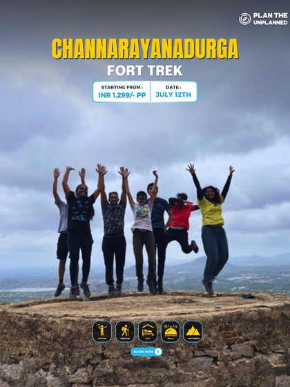 A group jumps for joy on the Channarayanadurga Fort trek.