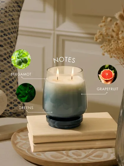 Zesty start, citrus heart, grapefruit finish. Pure bliss. This graphic breaks down the notes of my Balmy Bergamot fragrance, an invigorating yet comforting experience housed in a beautiful blue ombre glass vessel.
