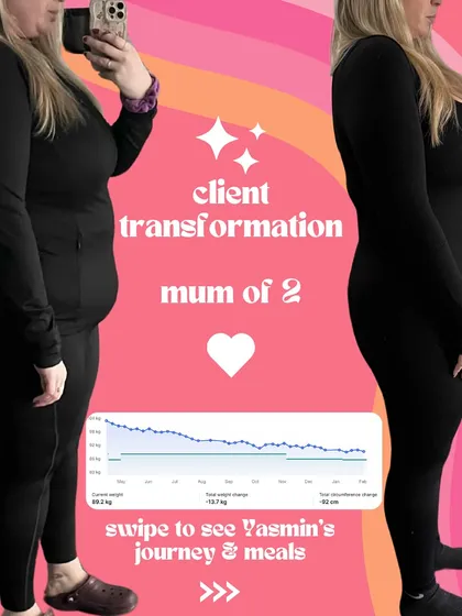A side-by-side look at this mum's 13.7kg transformation. The chart shows the steady, sustainable progress that is the hallmark of my coaching method.