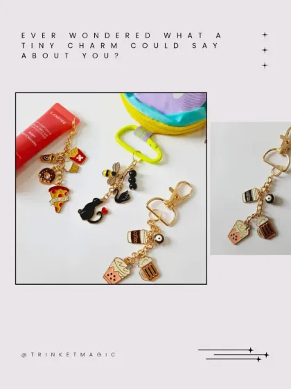Ever wondered what a tiny charm could say about you? This collage displays the variety of charms I offer, from foodie favorites to animal icons.