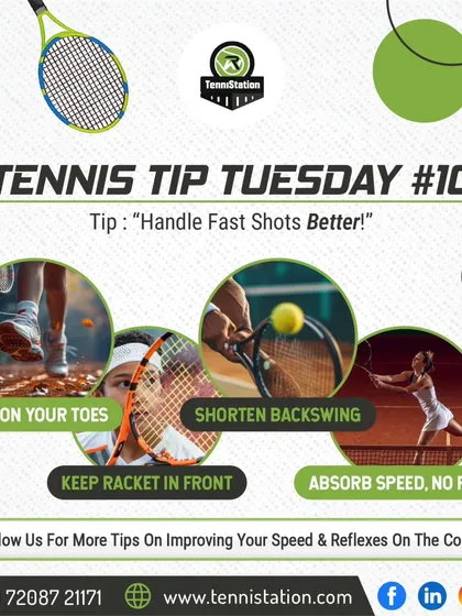 Tennis Tip Tuesday: To handle fast shots better, stay on your toes, keep your racket in front, shorten your backswing, and absorb the ball's speed without rushing.