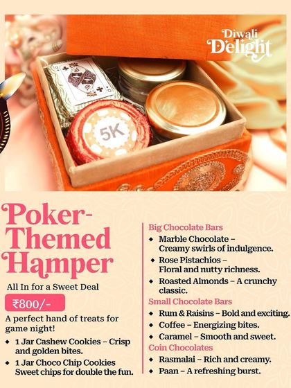 Our "Poker-Themed Hamper" for Diwali, the perfect set of treats for a game night, with themed chocolates and cookies.