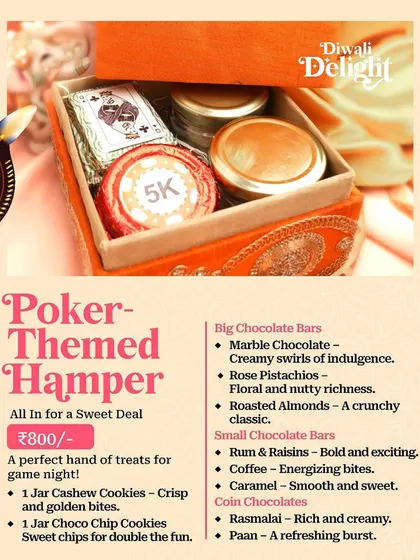 Our "Poker-Themed Hamper" for Diwali, the perfect set of treats for a game night, with themed chocolates and cookies.