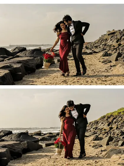 A two-panel image showing the couple walking along a rocky beach, carrying a basket of roses. It tells a story of a romantic day spent by the sea.