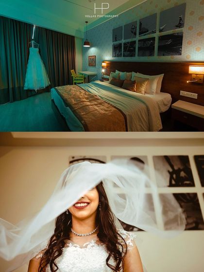 A collage showing the wedding dress waiting and a playful moment with the bride and her veil.