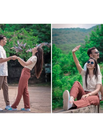 A fun and energetic diptych of a couple enjoying their pre-wedding shoot outdoors, dancing and laughing together.