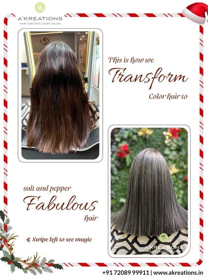 This before-and-after shows our expertise in color correction and styling, transforming hair into a sleek, fabulous salt-and-pepper look.