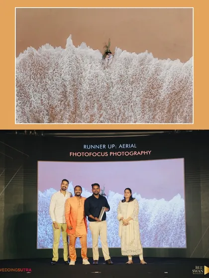 We are honored to be recognized by WeddingSutra for our work. This collage showcases our runner-up award for Aerial Photography, combining the stunning, high-perspective shot with the moment we received the award. It reflects our commitment to both artistic vision and technical excellence.