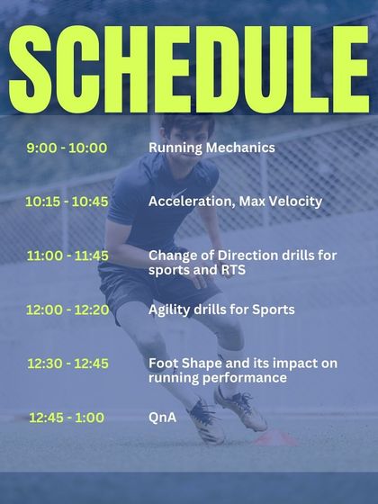 The detailed schedule for our Speed, Agility & Change of Direction workshop. The day is structured to cover running mechanics, acceleration, COD drills, agility, and the impact of foot shape on performance.