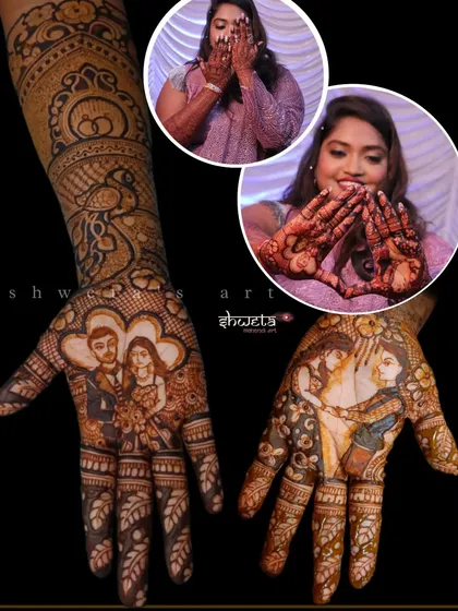 This collage showcases a beautiful engagement bride's mehendi. The design features custom portraits of the couple, capturing their love story as they begin their new journey together.