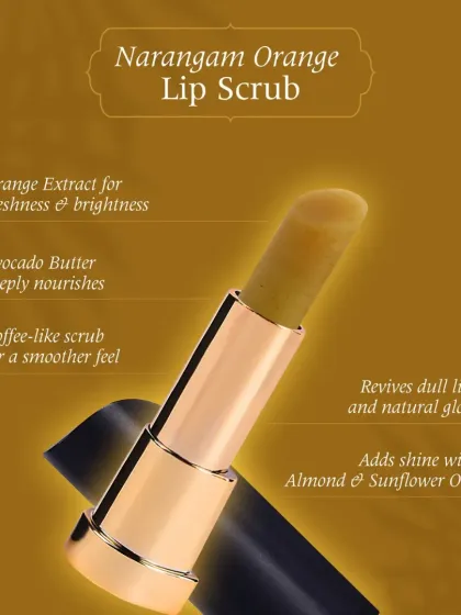 My Narangam Orange Lip Scrub provides freshness and brightness. It uses orange extract and a coffee-like scrub for a smoother feel, reviving dull lips and adding shine with almond and sunflower oils.