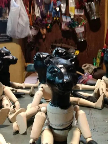 A look inside my workshop as a group of Jambavan string puppets are being prepared. This image shows the puppets after the initial carving and painting stages, waiting for their costumes and strings before they are ready for the Dhaatu Puppet Santhe.